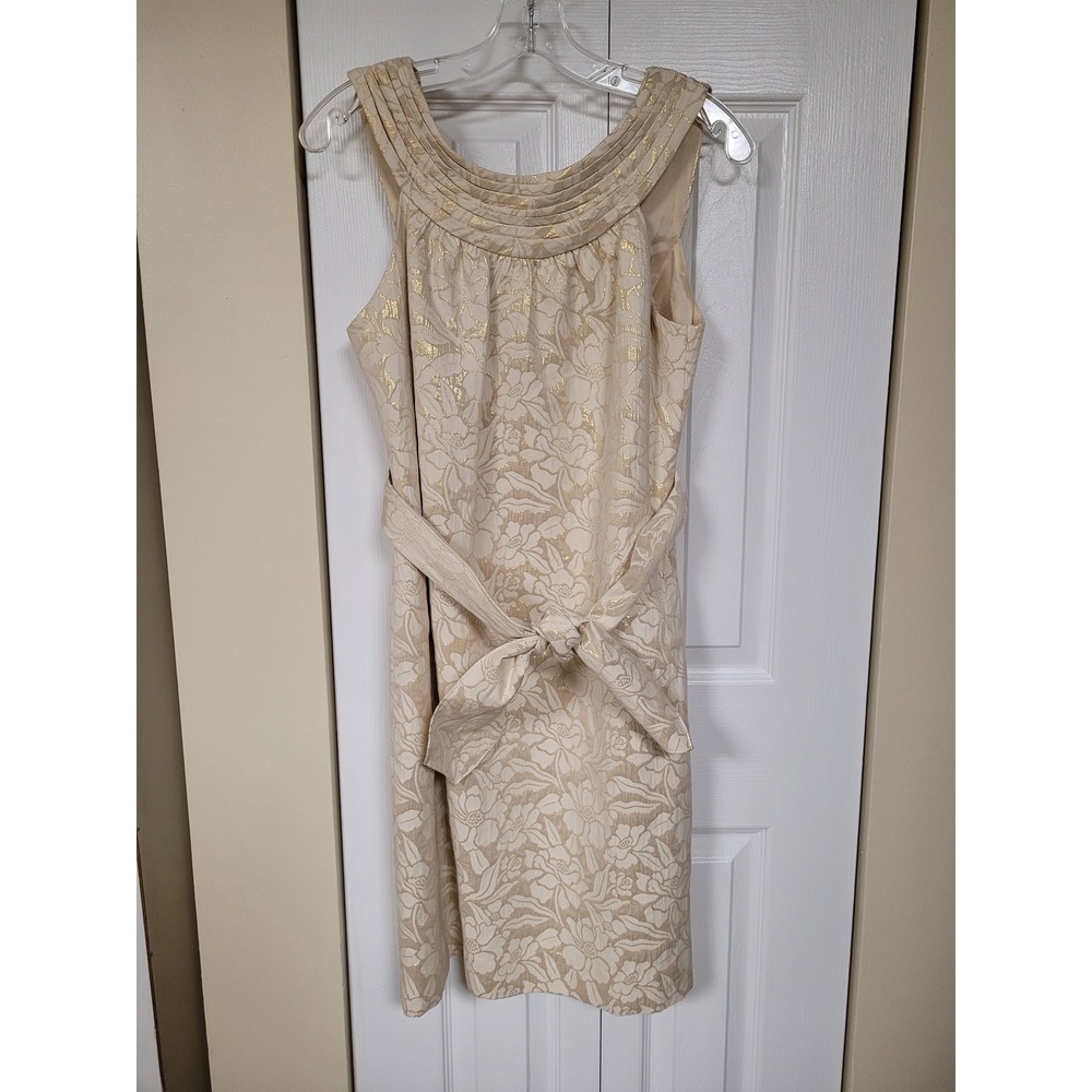 Etcetera Womens Cream Gold Metallic Grecian  Jacquard Pleated Neck Dress Size 6